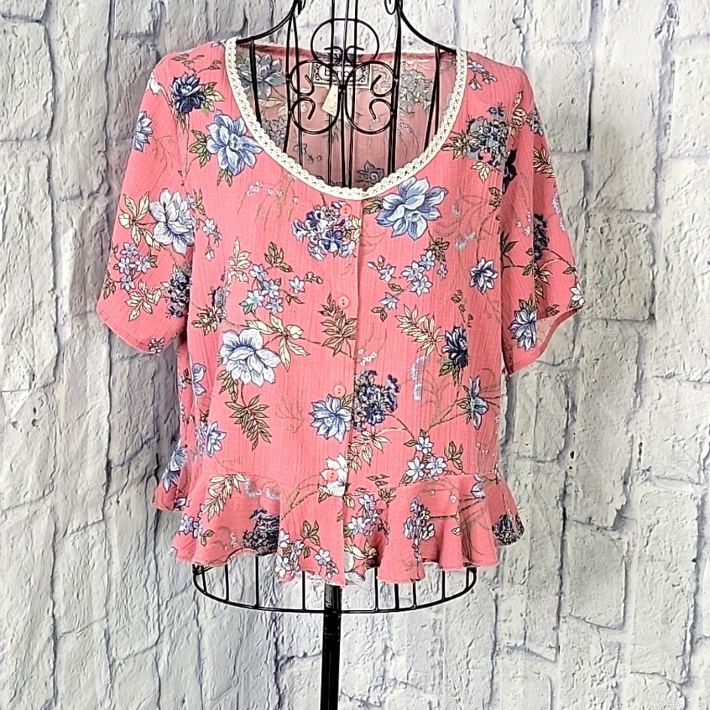 BONJOUR Lace and Ruffled‎ Floral Blouse Large